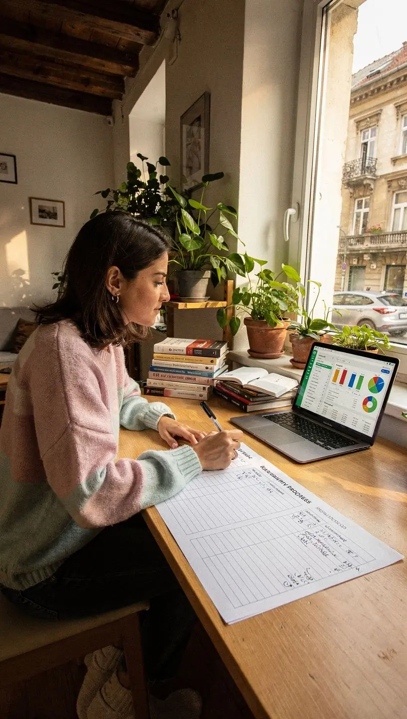 Pénzügyi napló vezetése kézzel írt költségvetési jegyzetekkel és ceruzával az asztalon.