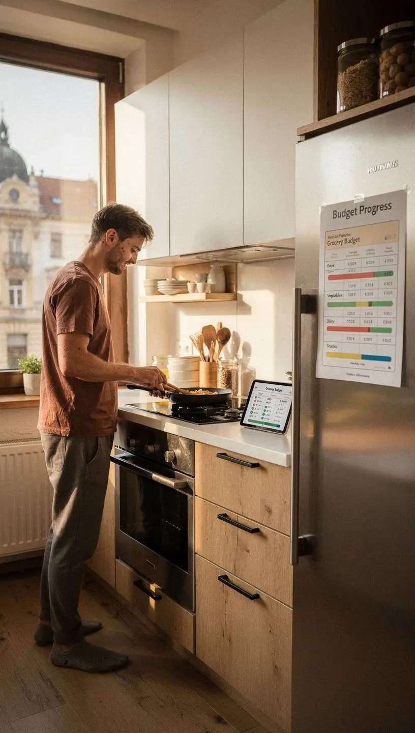 Személy ül egy asztalnál, miközben költségvetési táblázatot tölt ki laptopon.